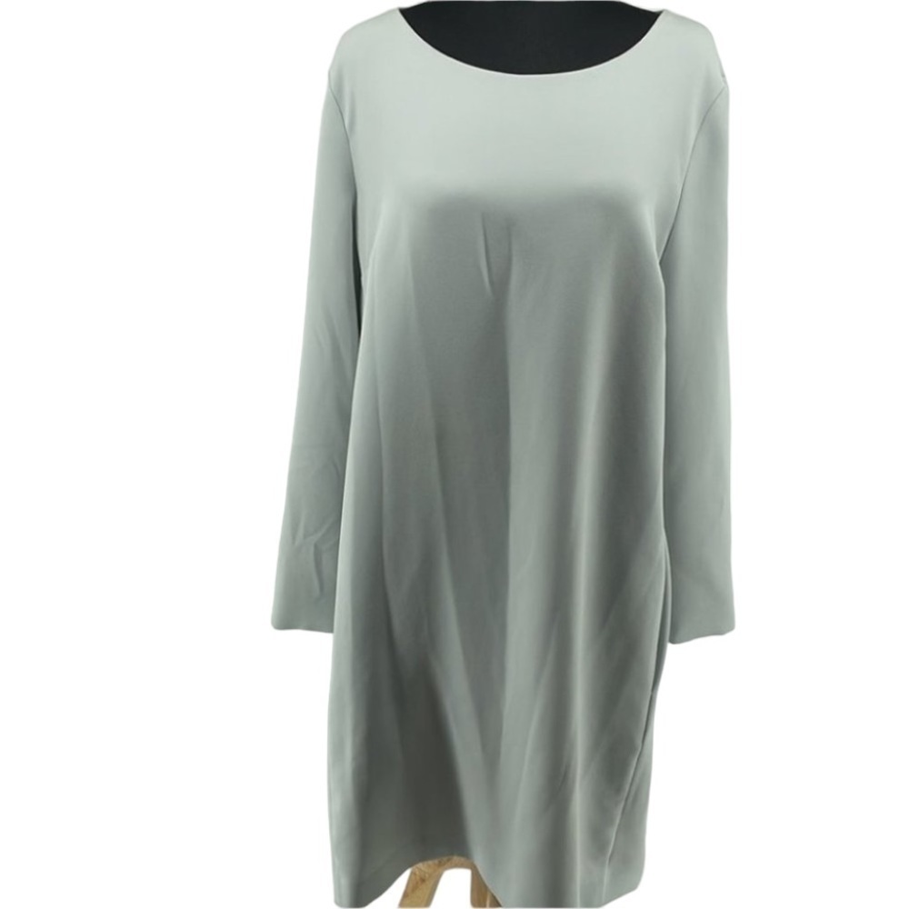 𝅺THEORY Paneled Crepe Long-Sleeve sheath dress pockets grey lined career sz lg